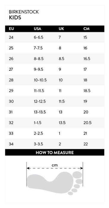 size chart for birkenstock shoes